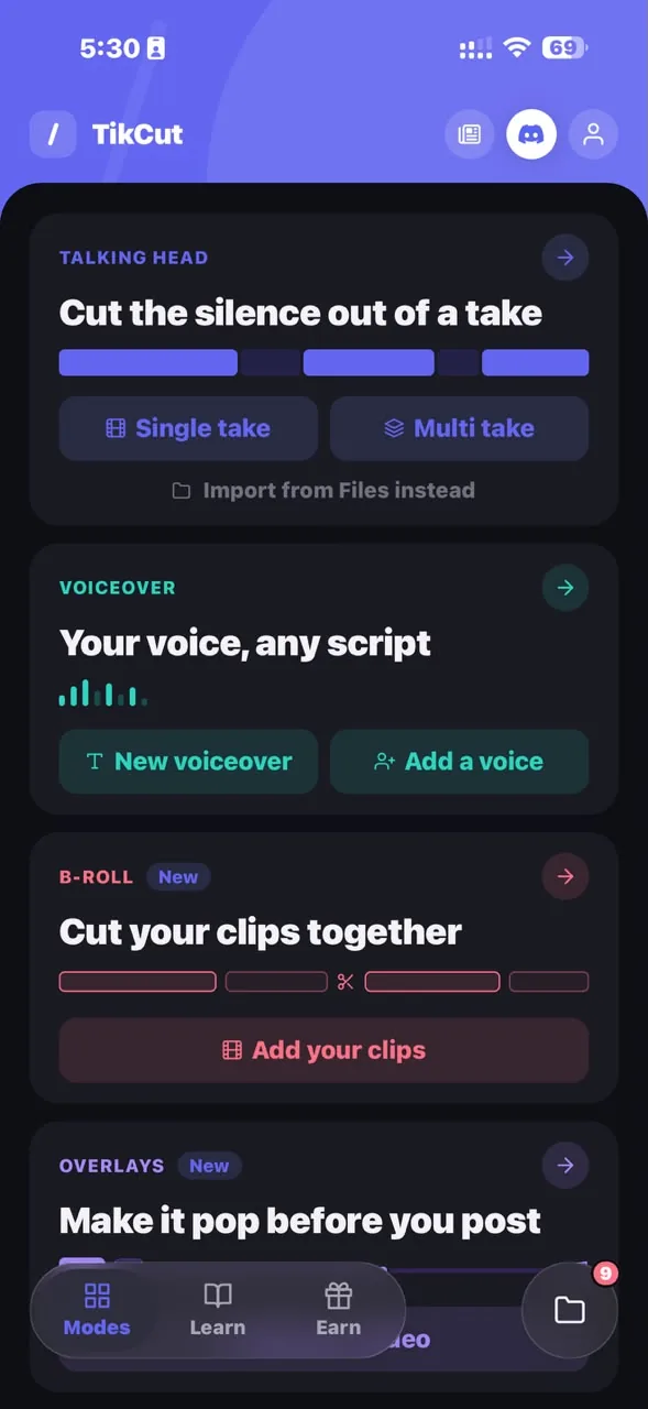 TikCut home screen — Talking Head, Voiceover, B-Roll and Overlays modes