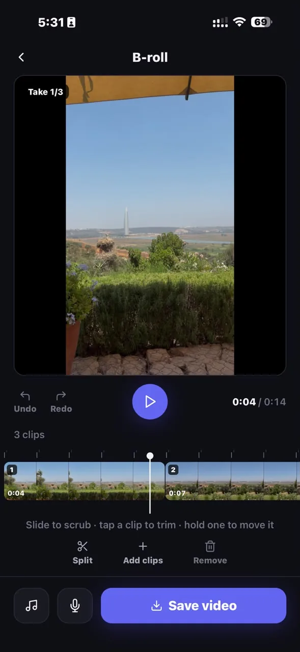 TikCut B-roll editor — three clips on a filmstrip timeline with split, trim and reorder