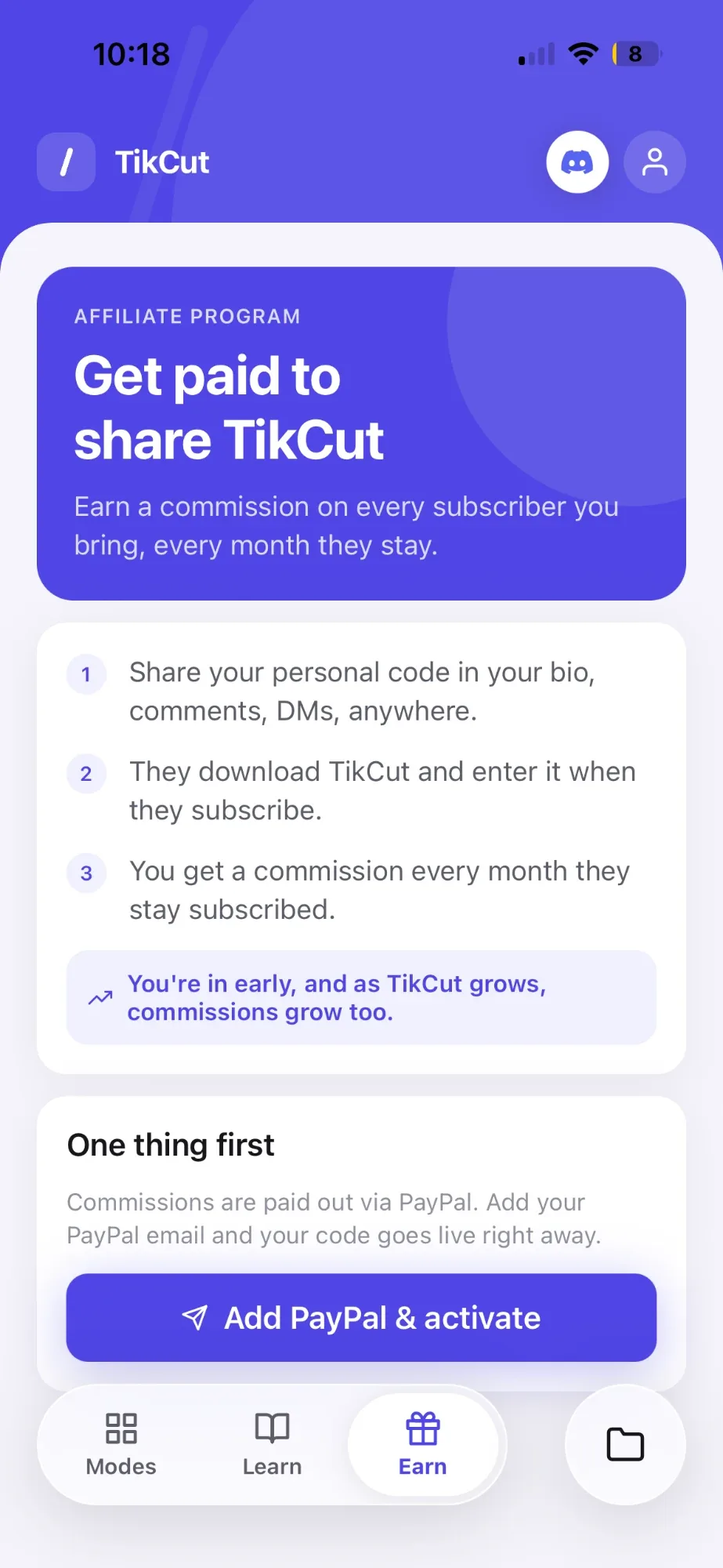 TikCut Earn tab — the affiliate program inside the app