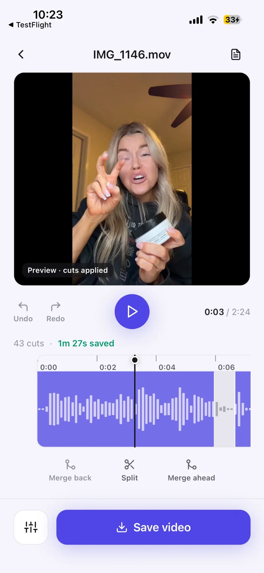 TikCut talking-head editor — waveform timeline with 43 cuts applied and 1m 27s saved