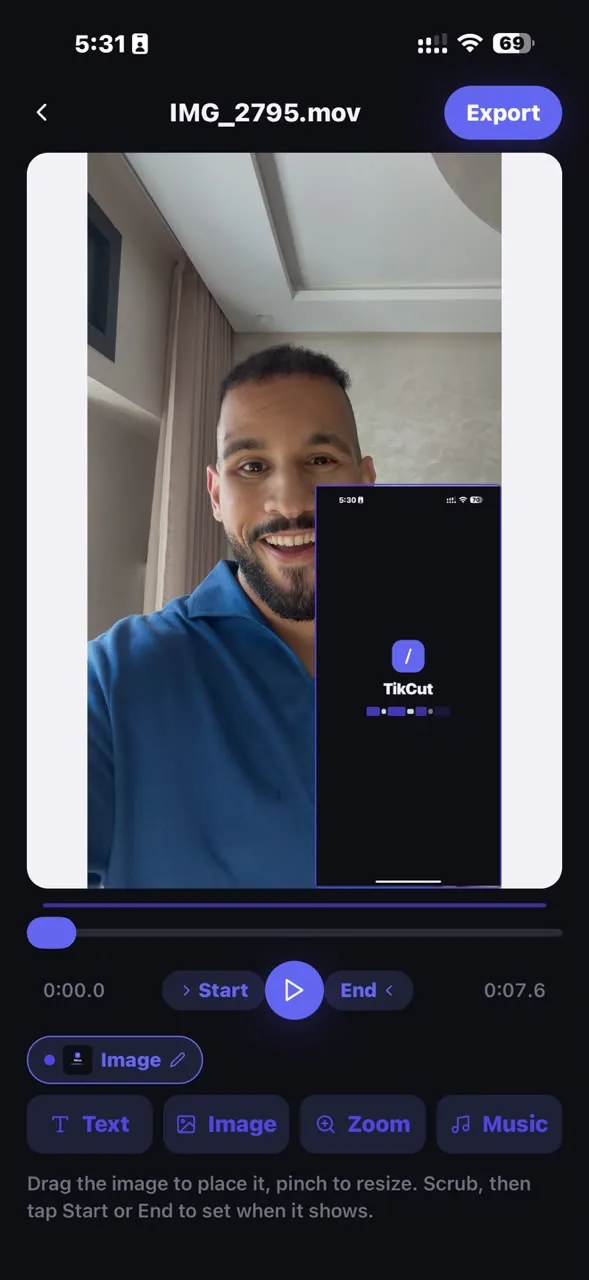 TikCut overlays editor — image overlay pinned on a video with start/end timing